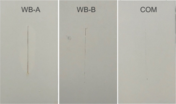 圖10 顯示了 MC #1、MC #2 和 MC #3 系統(tǒng)在鹽霧試驗(yàn)約1000 小時(shí)后應(yīng)用于不銹鋼基材的面板圖像。三個(gè)系統(tǒng)均未觀(guān)察到起泡或分層。