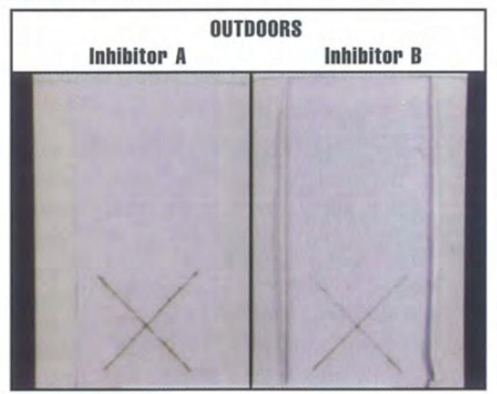 經(jīng)過4年的工業(yè)暴露，兩個系統(tǒng)都表現(xiàn)出良好的性能，抑制劑B略勝一籌。與鹽霧結(jié)果相關(guān)性差。