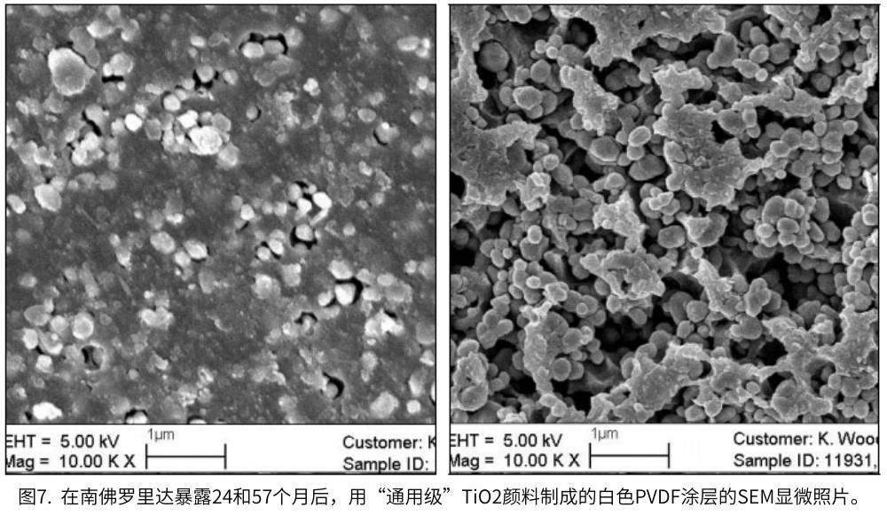 圖7.  在南佛羅里達(dá)暴露24和57個(gè)月后，用“通用級”TiO2顏料制成的白色PVDF涂層的SEM顯微照片